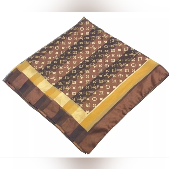 Auth Louis Vuitton Monogram Brown/Biege Silk Scarf - Picture 6 of 7